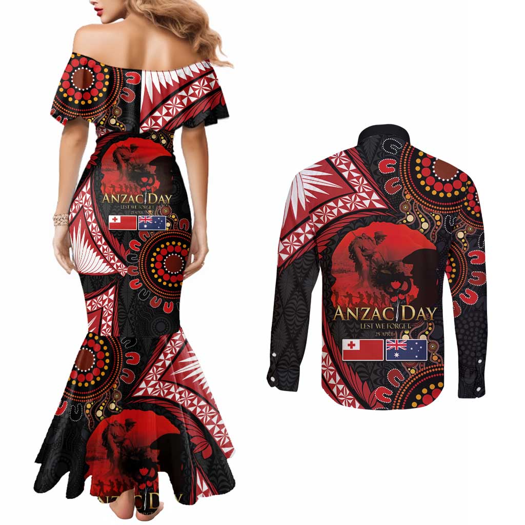 Tonga and Australia ANZAC Day Couples Matching Mermaid Dress and Long Sleeve Button Shirt Aboriginal and Ngatu Art Pattern - Gallipoli Lest We Forget LT03 - Polynesian Pride