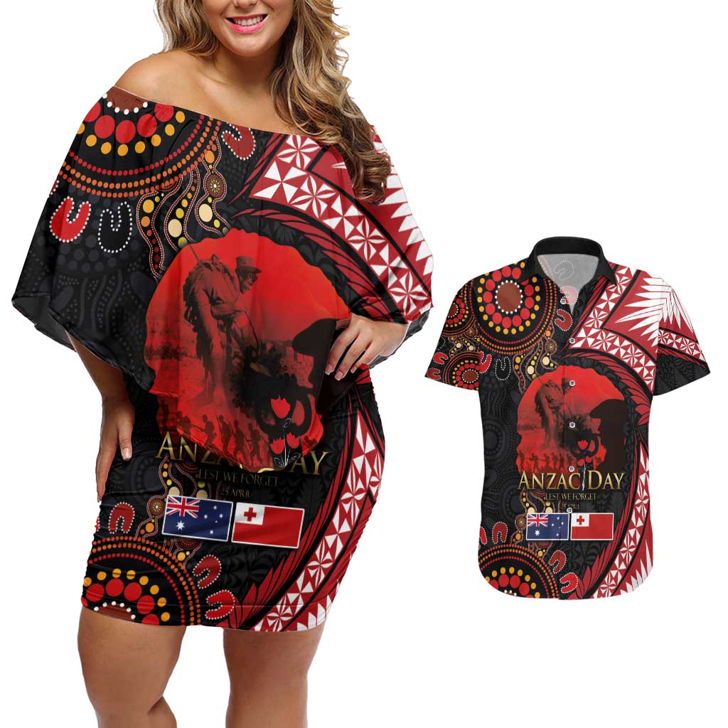 Tonga and Australia ANZAC Day Couples Matching Off Shoulder Short Dress and Hawaiian Shirt Aboriginal and Ngatu Art Pattern - Gallipoli Lest We Forget LT03 Black - Polynesian Pride