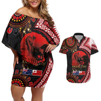 Tonga and Australia ANZAC Day Couples Matching Off Shoulder Short Dress and Hawaiian Shirt Aboriginal and Ngatu Art Pattern - Gallipoli Lest We Forget LT03 Black - Polynesian Pride
