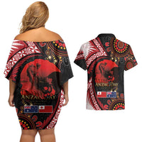 Tonga and Australia ANZAC Day Couples Matching Off Shoulder Short Dress and Hawaiian Shirt Aboriginal and Ngatu Art Pattern - Gallipoli Lest We Forget LT03 - Polynesian Pride