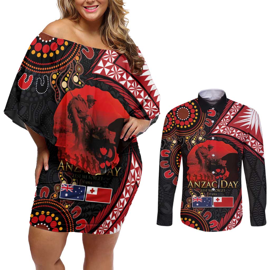 Tonga and Australia ANZAC Day Couples Matching Off Shoulder Short Dress and Long Sleeve Button Shirt Aboriginal and Ngatu Art Pattern - Gallipoli Lest We Forget LT03 Black - Polynesian Pride