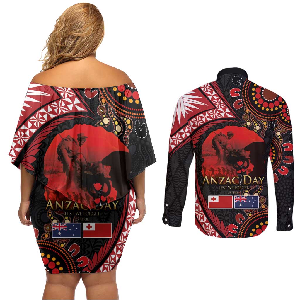 Tonga and Australia ANZAC Day Couples Matching Off Shoulder Short Dress and Long Sleeve Button Shirt Aboriginal and Ngatu Art Pattern - Gallipoli Lest We Forget LT03 - Polynesian Pride