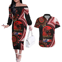 Tonga and Australia ANZAC Day Couples Matching Off The Shoulder Long Sleeve Dress and Hawaiian Shirt Aboriginal and Ngatu Art Pattern - Gallipoli Lest We Forget LT03 Black - Polynesian Pride