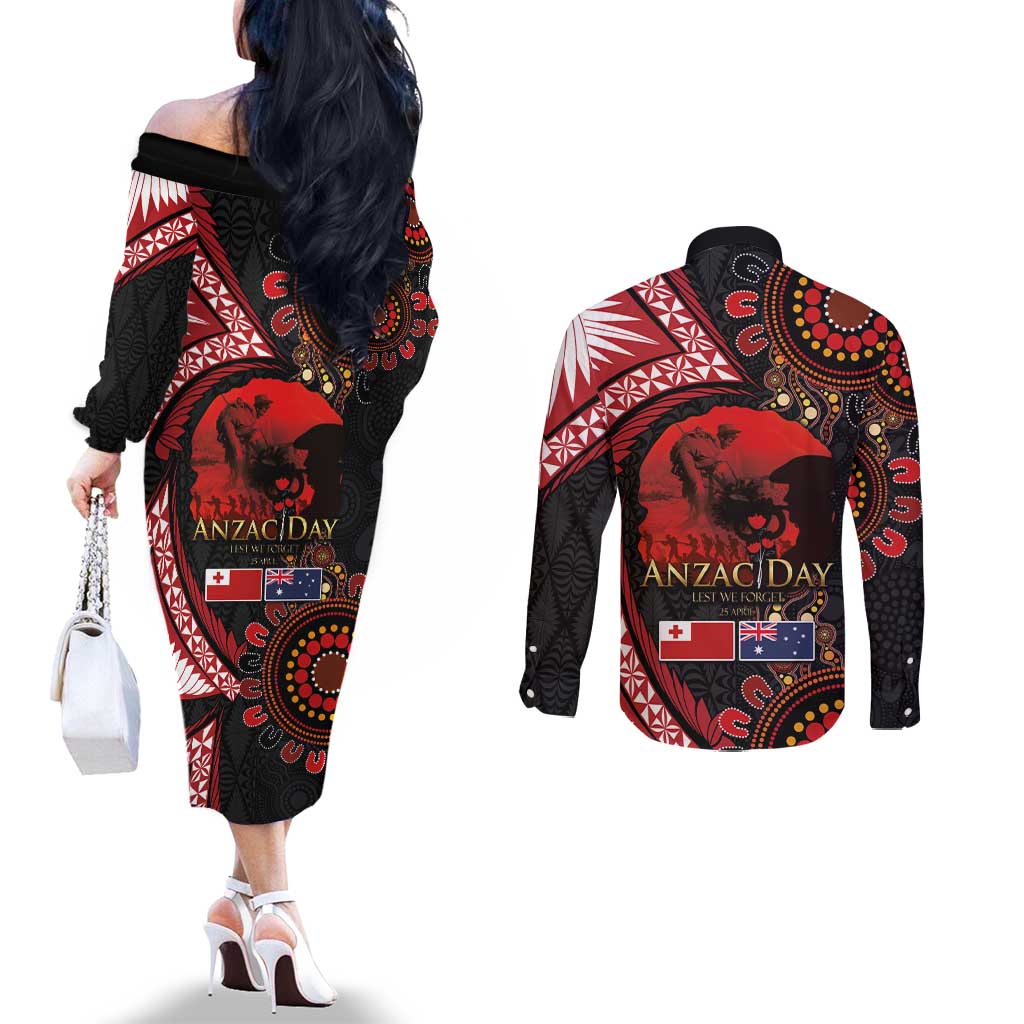 Tonga and Australia ANZAC Day Couples Matching Off The Shoulder Long Sleeve Dress and Long Sleeve Button Shirt Aboriginal and Ngatu Art Pattern - Gallipoli Lest We Forget LT03 - Polynesian Pride