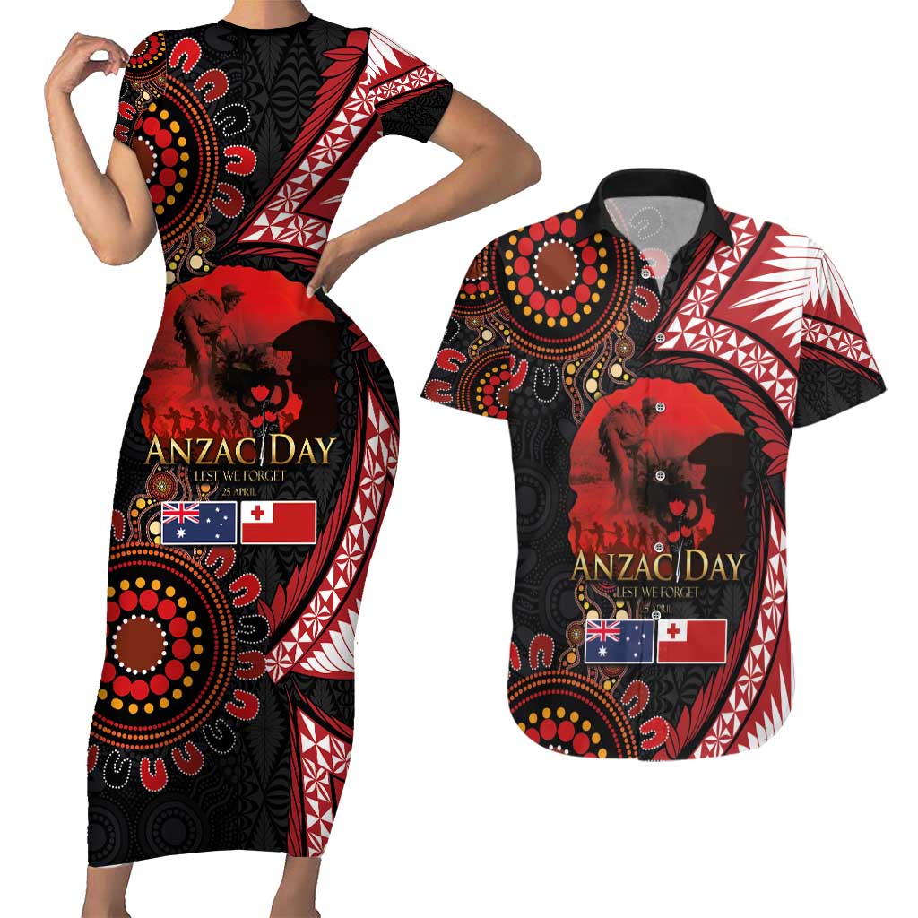 Tonga and Australia ANZAC Day Couples Matching Short Sleeve Bodycon Dress and Hawaiian Shirt Aboriginal and Ngatu Art Pattern - Gallipoli Lest We Forget LT03 Black - Polynesian Pride