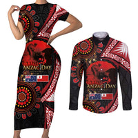 Tonga and Australia ANZAC Day Couples Matching Short Sleeve Bodycon Dress and Long Sleeve Button Shirt Aboriginal and Ngatu Art Pattern - Gallipoli Lest We Forget LT03 Black - Polynesian Pride