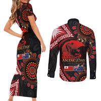 Tonga and Australia ANZAC Day Couples Matching Short Sleeve Bodycon Dress and Long Sleeve Button Shirt Aboriginal and Ngatu Art Pattern - Gallipoli Lest We Forget LT03 - Polynesian Pride