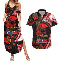 Tonga and Australia ANZAC Day Couples Matching Summer Maxi Dress and Hawaiian Shirt Aboriginal and Ngatu Art Pattern - Gallipoli Lest We Forget LT03 Black - Polynesian Pride