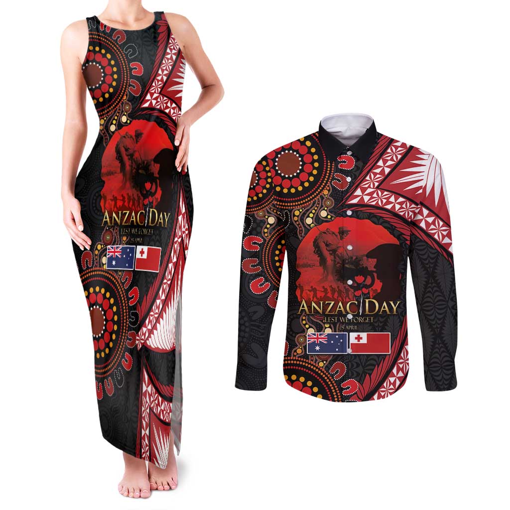 Tonga and Australia ANZAC Day Couples Matching Tank Maxi Dress and Long Sleeve Button Shirt Aboriginal and Ngatu Art Pattern - Gallipoli Lest We Forget LT03 Black - Polynesian Pride