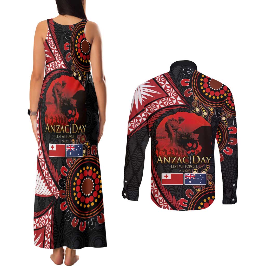 Tonga and Australia ANZAC Day Couples Matching Tank Maxi Dress and Long Sleeve Button Shirt Aboriginal and Ngatu Art Pattern - Gallipoli Lest We Forget LT03 - Polynesian Pride