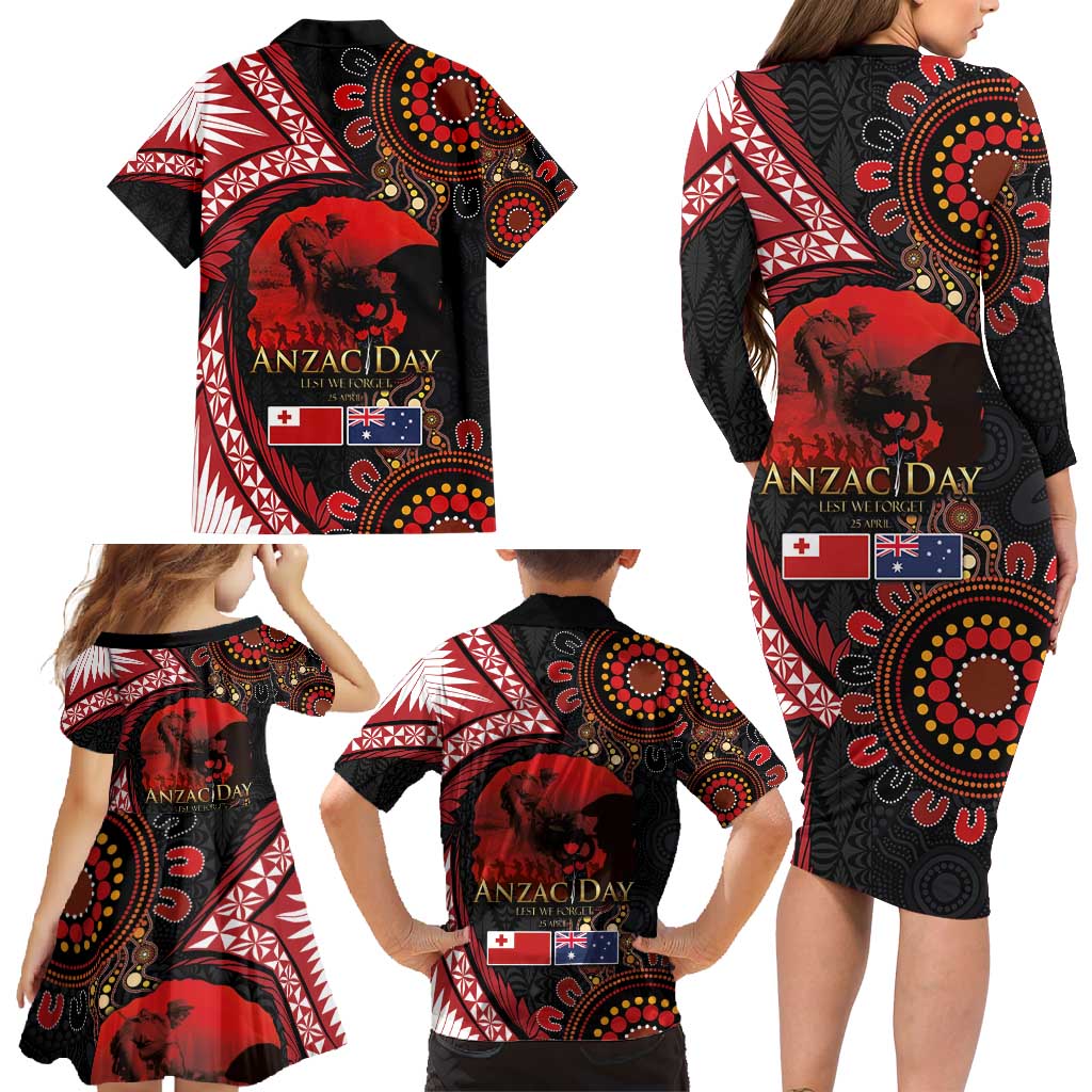 Tonga and Australia ANZAC Day Family Matching Long Sleeve Bodycon Dress and Hawaiian Shirt Aboriginal and Ngatu Art Pattern - Gallipoli Lest We Forget LT03 - Polynesian Pride