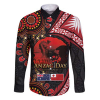 Tonga and Australia ANZAC Day Family Matching Long Sleeve Bodycon Dress and Hawaiian Shirt Aboriginal and Ngatu Art Pattern - Gallipoli Lest We Forget LT03 Dad's Shirt - Long Sleeve Black - Polynesian Pride