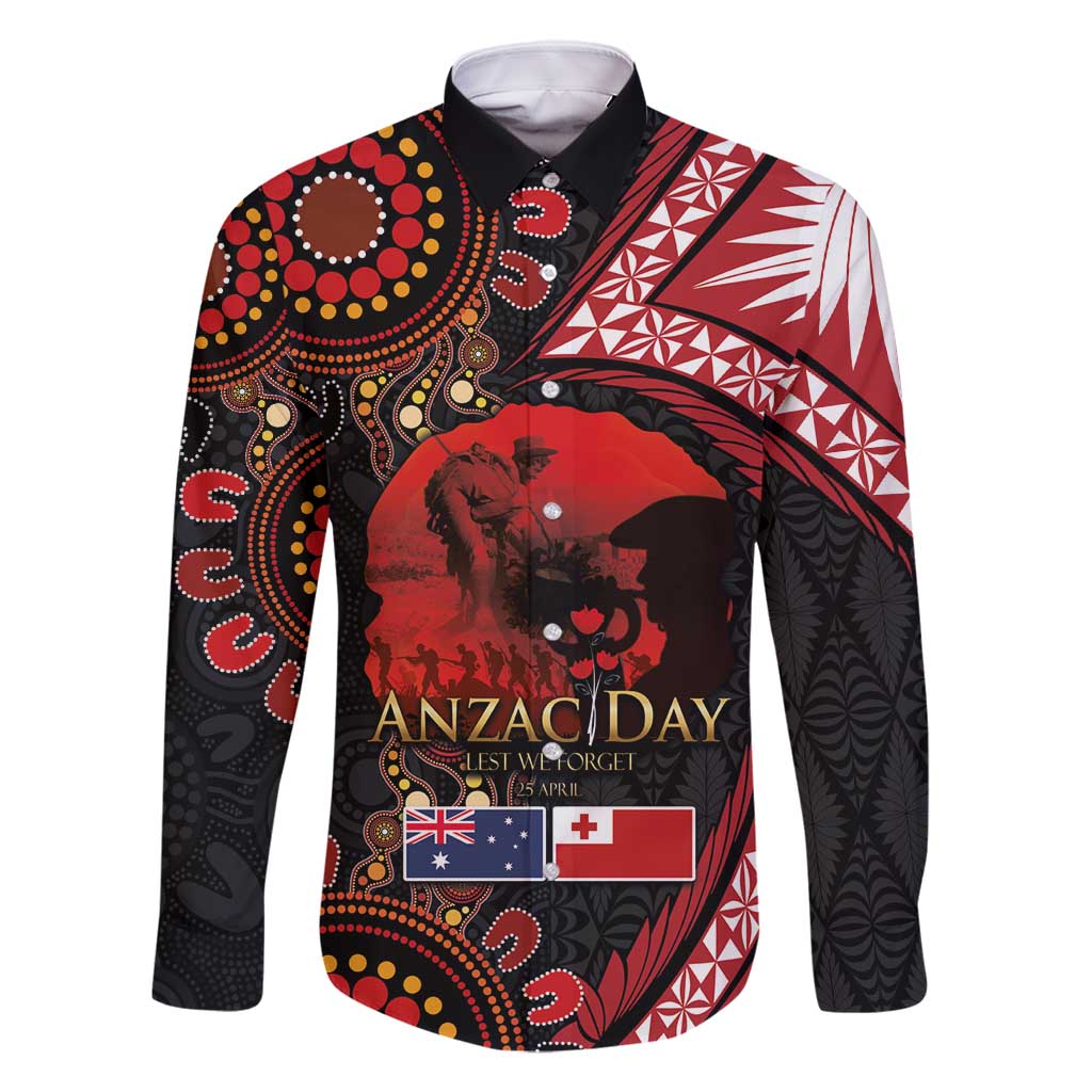 Tonga and Australia ANZAC Day Family Matching Mermaid Dress and Hawaiian Shirt Aboriginal and Ngatu Art Pattern - Gallipoli Lest We Forget LT03 Dad's Shirt - Long Sleeve Black - Polynesian Pride