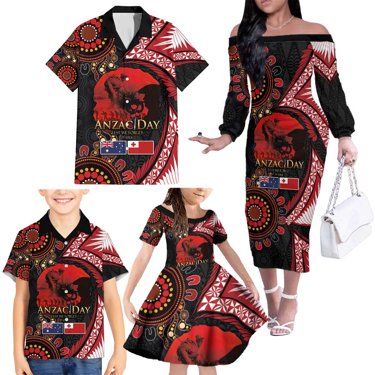 Tonga and Australia ANZAC Day Family Matching Off The Shoulder Long Sleeve Dress and Hawaiian Shirt Aboriginal and Ngatu Art Pattern - Gallipoli Lest We Forget LT03 - Polynesian Pride