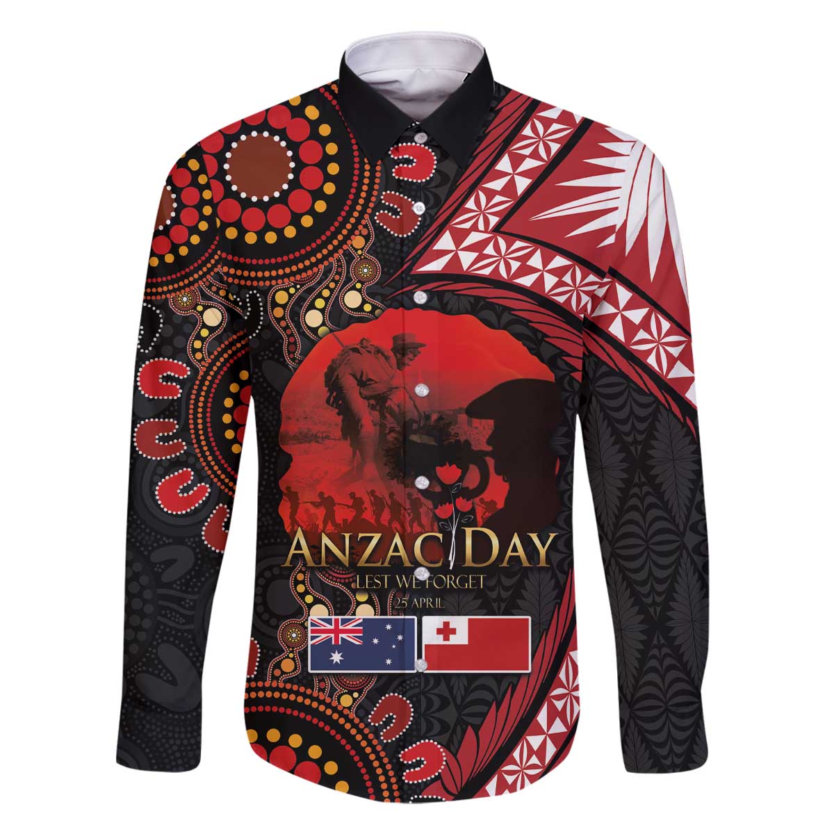 Tonga and Australia ANZAC Day Family Matching Off The Shoulder Long Sleeve Dress and Hawaiian Shirt Aboriginal and Ngatu Art Pattern - Gallipoli Lest We Forget LT03 Dad's Shirt - Long Sleeve Black - Polynesian Pride