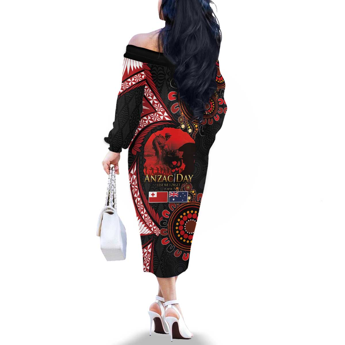 Tonga and Australia ANZAC Day Family Matching Off The Shoulder Long Sleeve Dress and Hawaiian Shirt Aboriginal and Ngatu Art Pattern - Gallipoli Lest We Forget LT03 - Polynesian Pride