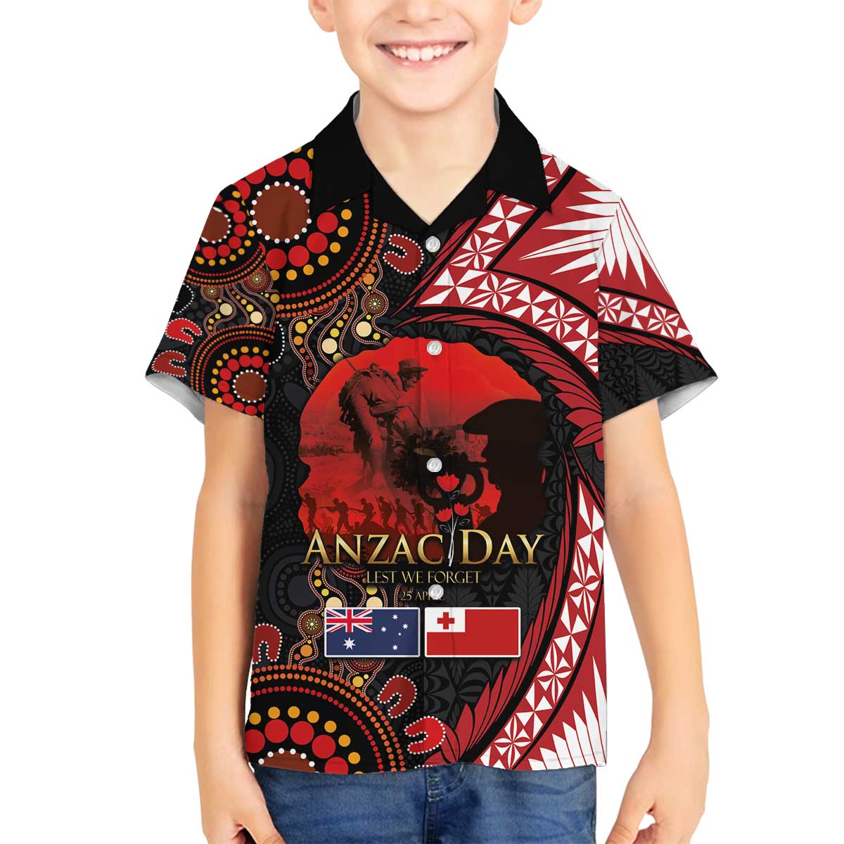Tonga and Australia ANZAC Day Family Matching Off The Shoulder Long Sleeve Dress and Hawaiian Shirt Aboriginal and Ngatu Art Pattern - Gallipoli Lest We Forget LT03 Son's Shirt Black - Polynesian Pride
