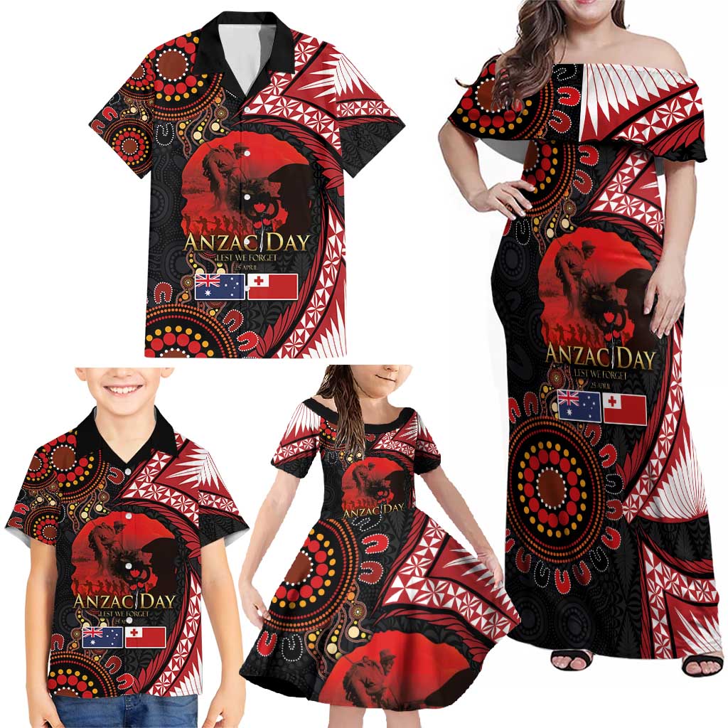 Tonga and Australia ANZAC Day Family Matching Off Shoulder Maxi Dress and Hawaiian Shirt Aboriginal and Ngatu Art Pattern - Gallipoli Lest We Forget LT03 - Polynesian Pride