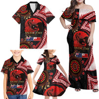 Tonga and Australia ANZAC Day Family Matching Off Shoulder Maxi Dress and Hawaiian Shirt Aboriginal and Ngatu Art Pattern - Gallipoli Lest We Forget LT03 - Polynesian Pride