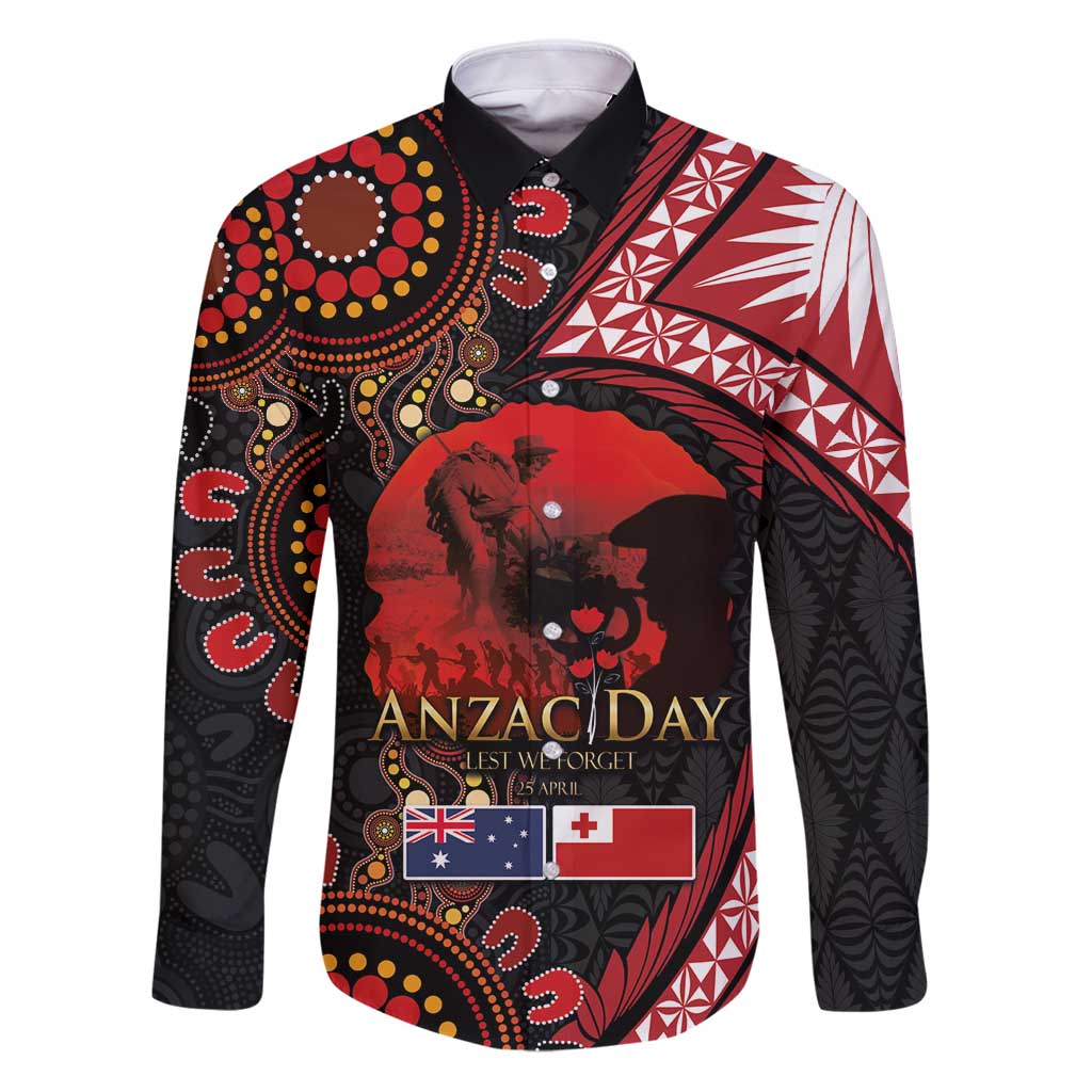 Tonga and Australia ANZAC Day Family Matching Puletasi and Hawaiian Shirt Aboriginal and Ngatu Art Pattern - Gallipoli Lest We Forget LT03 Dad's Shirt - Long Sleeve Black - Polynesian Pride