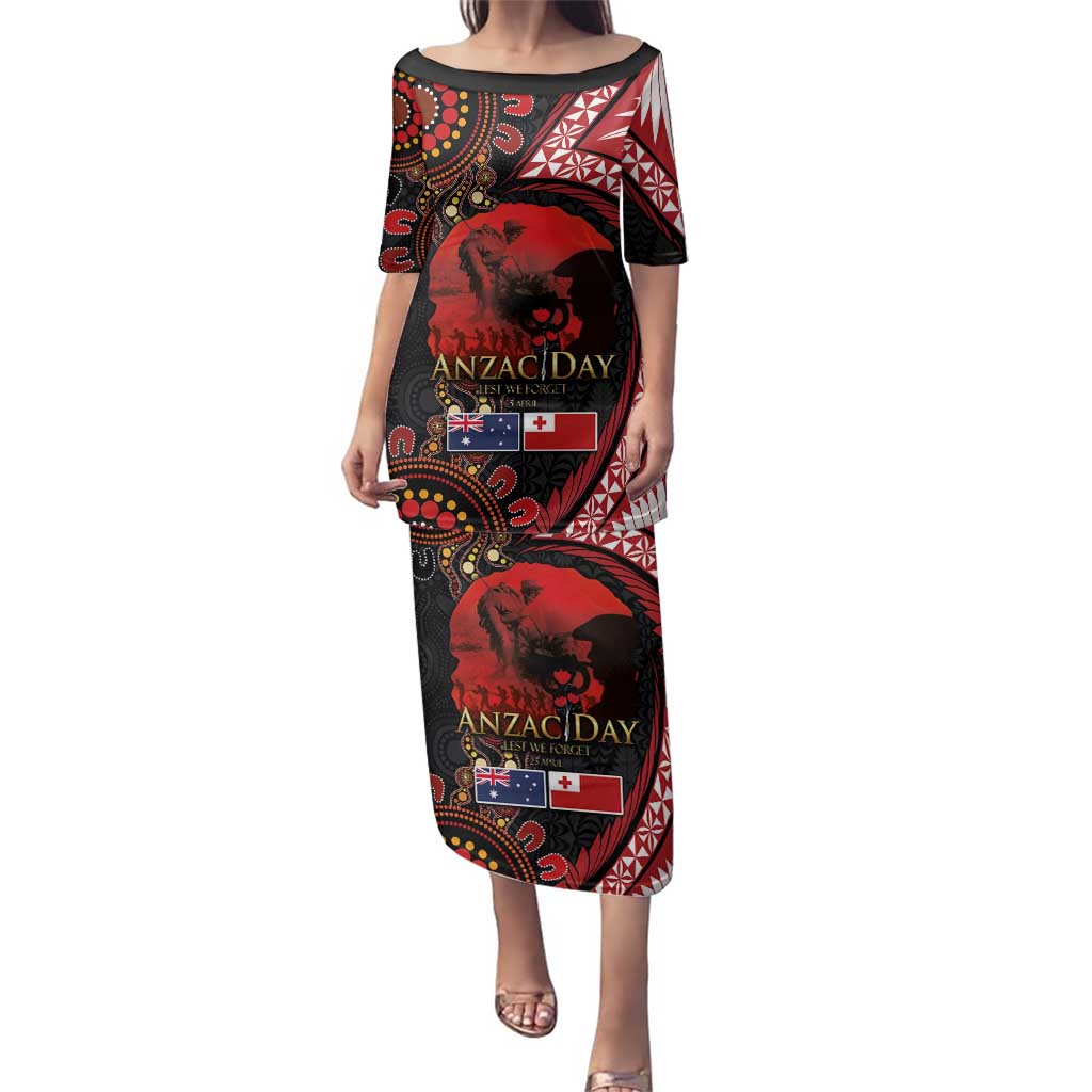 Tonga and Australia ANZAC Day Family Matching Puletasi and Hawaiian Shirt Aboriginal and Ngatu Art Pattern - Gallipoli Lest We Forget LT03 Mom's Dress Black - Polynesian Pride