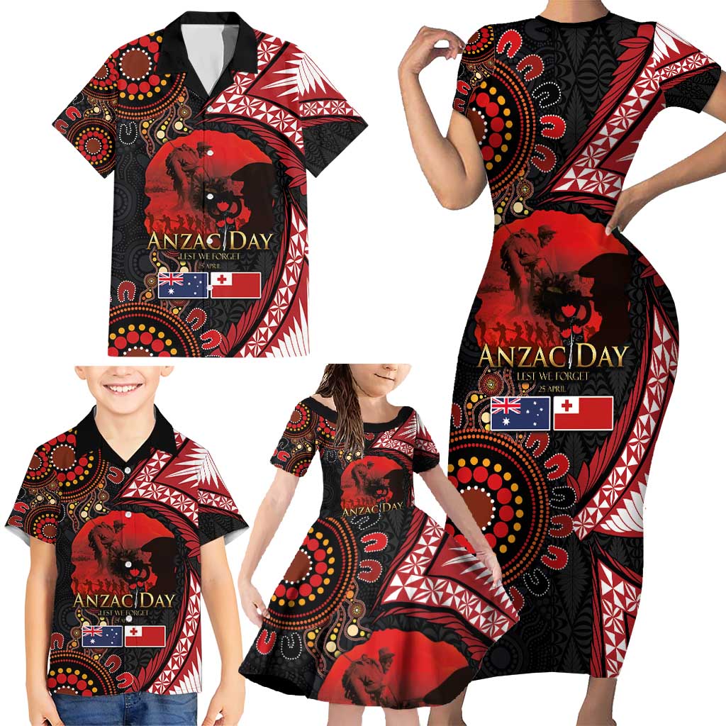 Tonga and Australia ANZAC Day Family Matching Short Sleeve Bodycon Dress and Hawaiian Shirt Aboriginal and Ngatu Art Pattern - Gallipoli Lest We Forget LT03 - Polynesian Pride