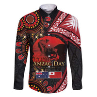 Tonga and Australia ANZAC Day Family Matching Short Sleeve Bodycon Dress and Hawaiian Shirt Aboriginal and Ngatu Art Pattern - Gallipoli Lest We Forget LT03 Dad's Shirt - Long Sleeve Black - Polynesian Pride