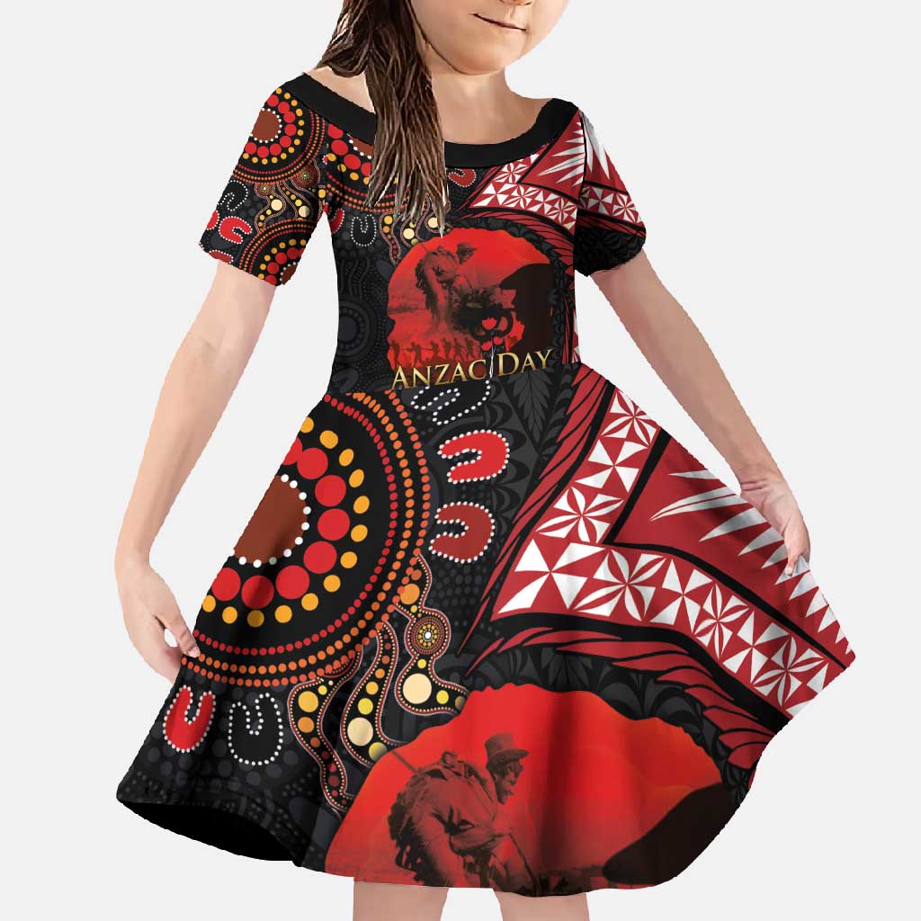 Tonga and Australia ANZAC Day Family Matching Summer Maxi Dress and Hawaiian Shirt Aboriginal and Ngatu Art Pattern - Gallipoli Lest We Forget LT03 Daughter's Dress Black - Polynesian Pride