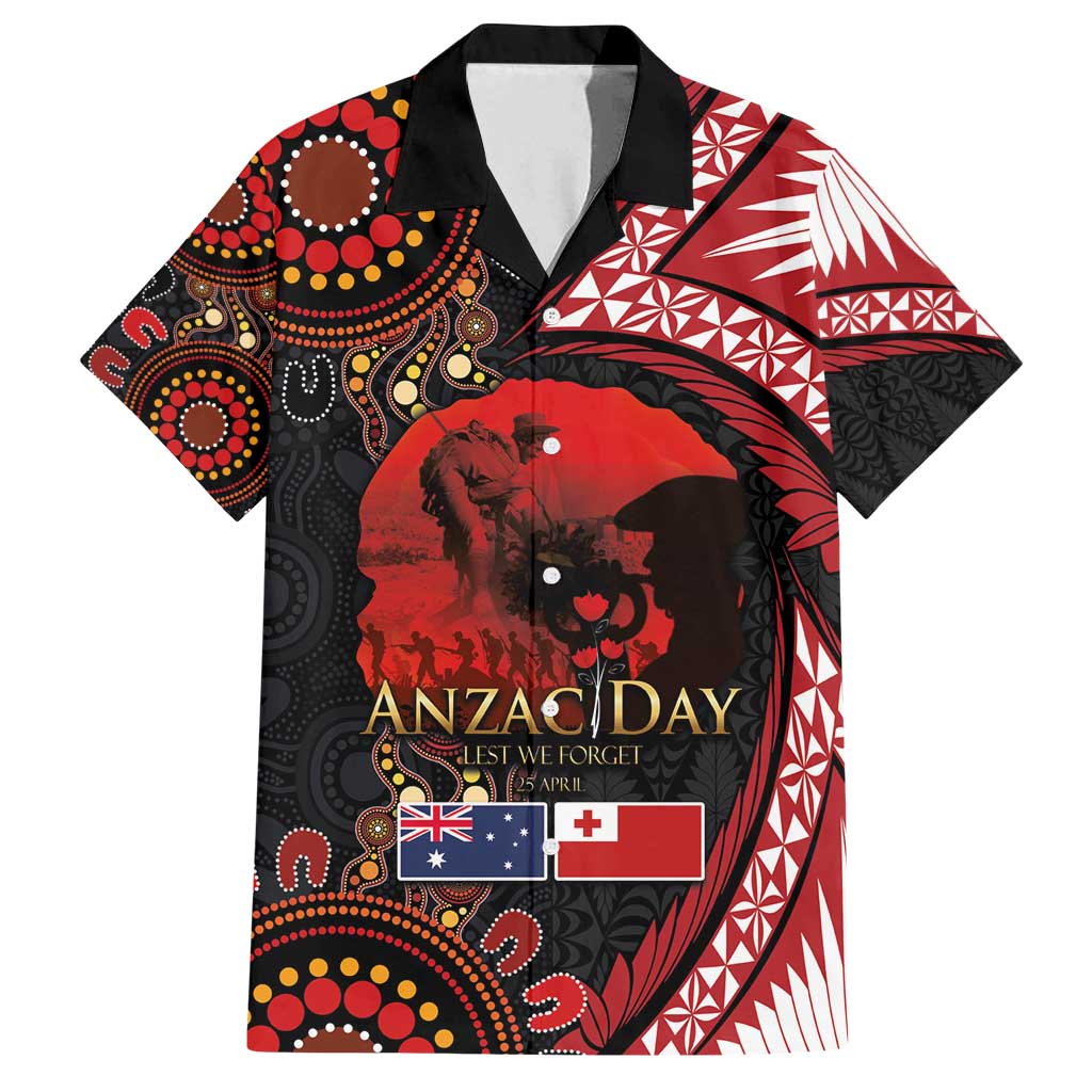 Tonga and Australia ANZAC Day Family Matching Tank Maxi Dress and Hawaiian Shirt Aboriginal and Ngatu Art Pattern - Gallipoli Lest We Forget LT03 Dad's Shirt - Short Sleeve Black - Polynesian Pride