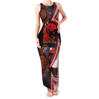 Tonga and Australia ANZAC Day Family Matching Tank Maxi Dress and Hawaiian Shirt Aboriginal and Ngatu Art Pattern - Gallipoli Lest We Forget LT03 Mom's Dress Black - Polynesian Pride