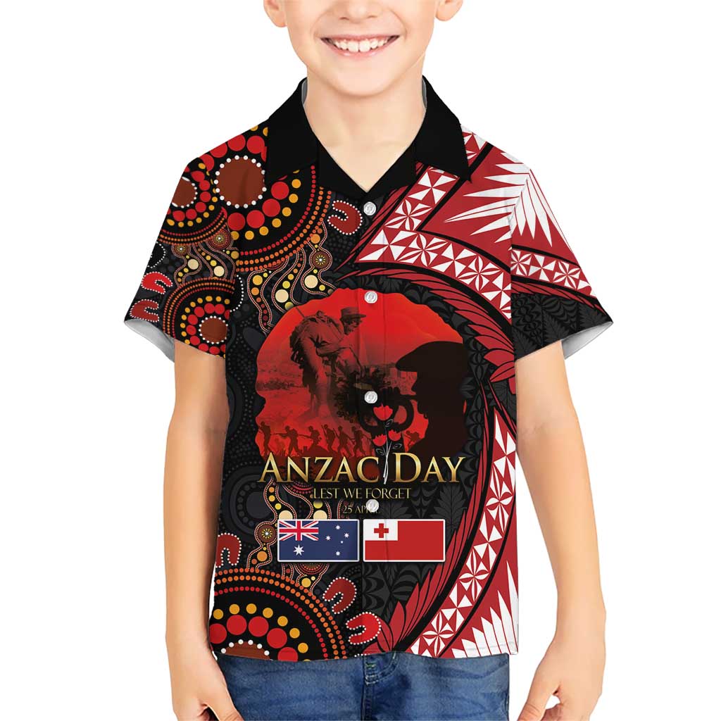 Tonga and Australia ANZAC Day Kid Hawaiian Shirt Aboriginal and Ngatu Art Pattern - Gallipoli Lest We Forget LT03 Kid Black - Polynesian Pride