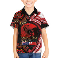 Tonga and Australia ANZAC Day Kid Hawaiian Shirt Aboriginal and Ngatu Art Pattern - Gallipoli Lest We Forget LT03 Kid Black - Polynesian Pride
