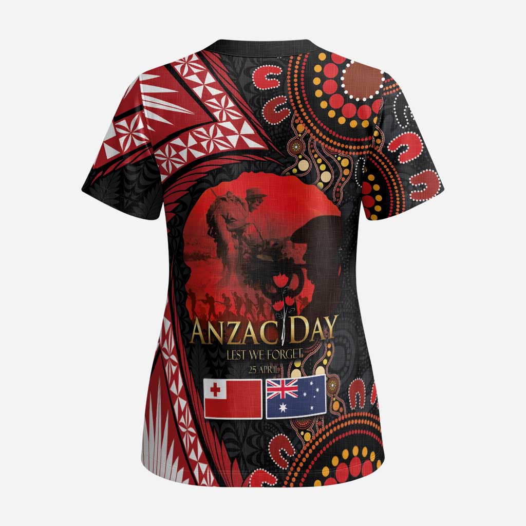 Tonga and Australia ANZAC Day Scrub Top Aboriginal and Ngatu Art Pattern - Gallipoli Lest We Forget LT03 - Polynesian Pride