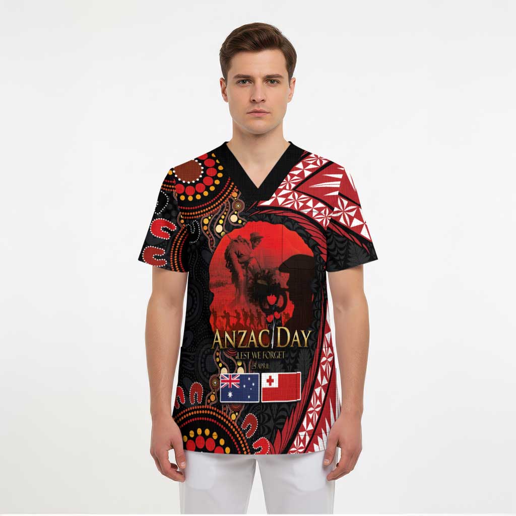 Tonga and Australia ANZAC Day Scrub Top Aboriginal and Ngatu Art Pattern - Gallipoli Lest We Forget LT03 - Polynesian Pride