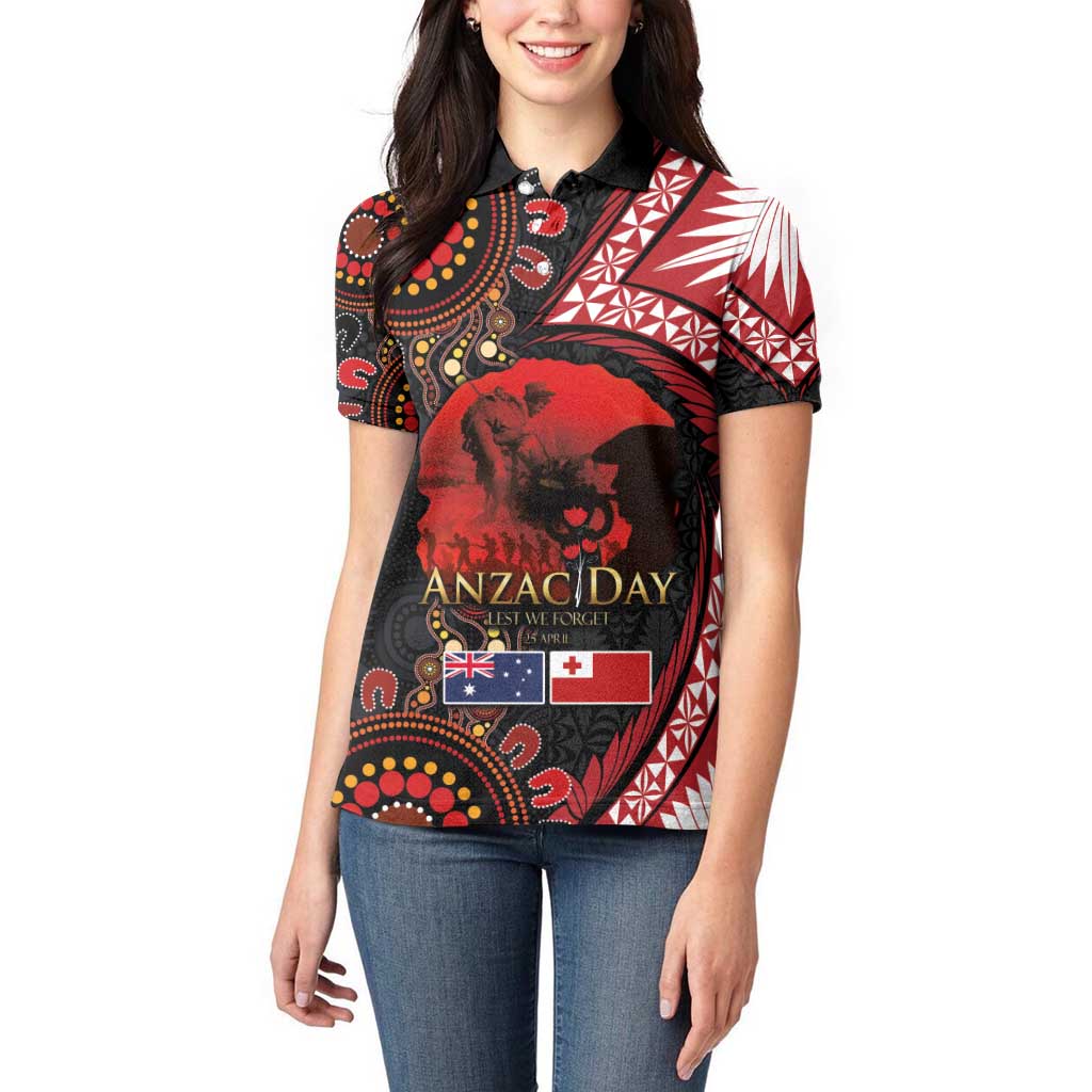 Tonga and Australia ANZAC Day Women Polo Shirt Aboriginal and Ngatu Art Pattern - Gallipoli Lest We Forget