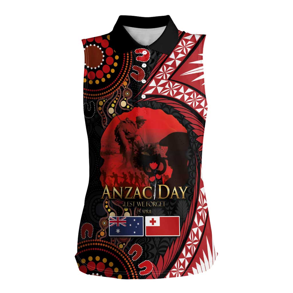 Tonga and Australia ANZAC Day Women Sleeveless Polo Shirt Aboriginal and Ngatu Art Pattern - Gallipoli Lest We Forget LT03 Female Black - Polynesian Pride