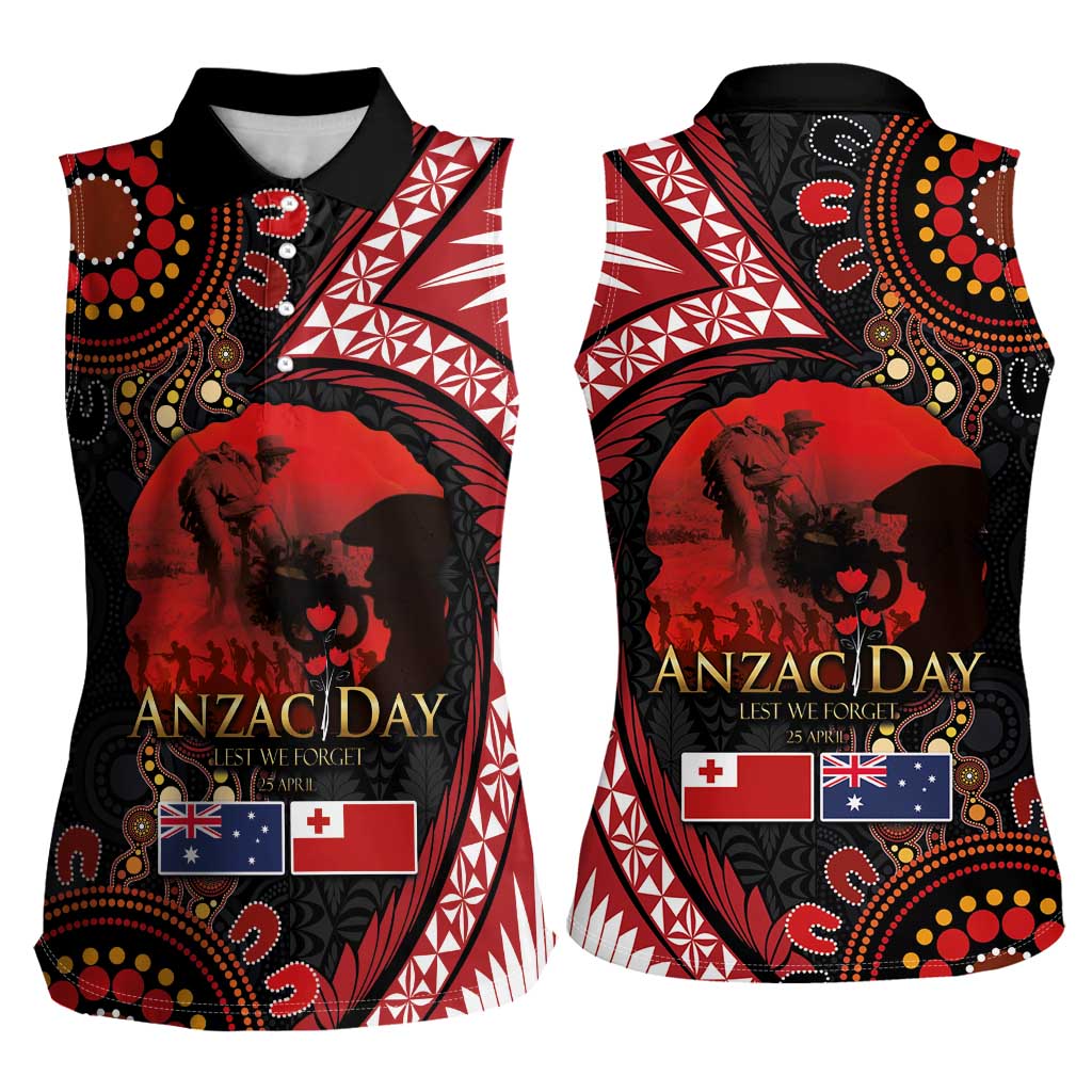 Tonga and Australia ANZAC Day Women Sleeveless Polo Shirt Aboriginal and Ngatu Art Pattern - Gallipoli Lest We Forget LT03 - Polynesian Pride