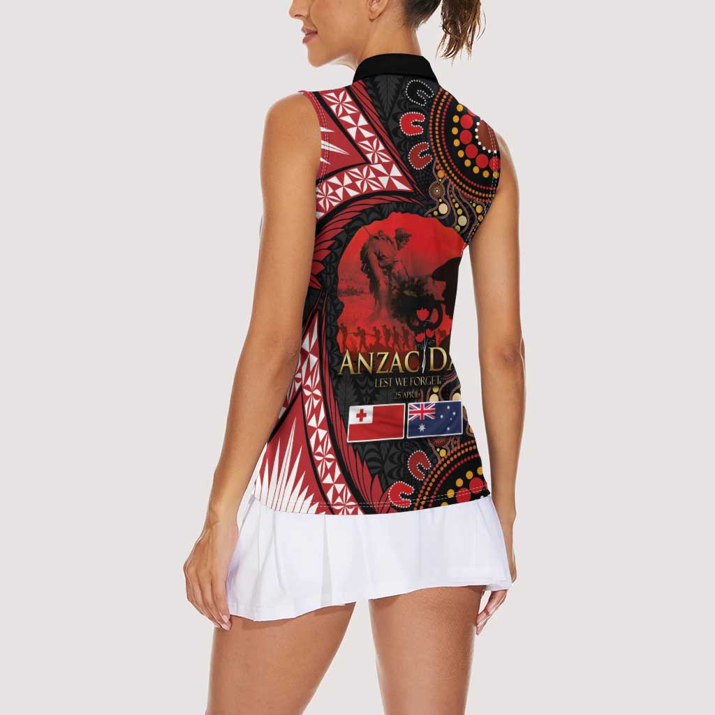 Tonga and Australia ANZAC Day Women Sleeveless Polo Shirt Aboriginal and Ngatu Art Pattern - Gallipoli Lest We Forget LT03 - Polynesian Pride