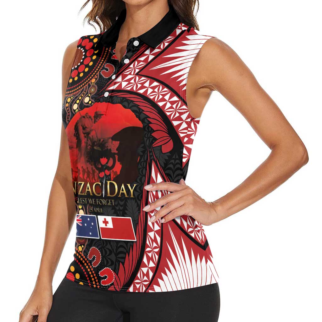 Tonga and Australia ANZAC Day Women Sleeveless Polo Shirt Aboriginal and Ngatu Art Pattern - Gallipoli Lest We Forget LT03 - Polynesian Pride