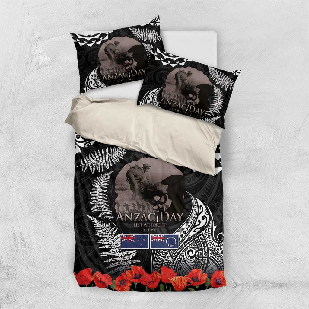 New Zealand and Cook Islands ANZAC Day Bedding Set Gallipoli Lest We Forget Tatau Art Tribal and Maori Tattoo with Fern LT03 US Twin 172cm x 218cm Black - Polynesian Pride