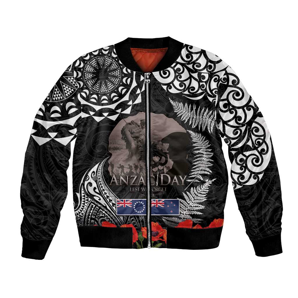 New Zealand and Cook Islands ANZAC Day Bomber Jacket Gallipoli Lest We Forget Tatau Art Tribal and Maori Tattoo with Fern LT03 Unisex Black - Polynesian Pride