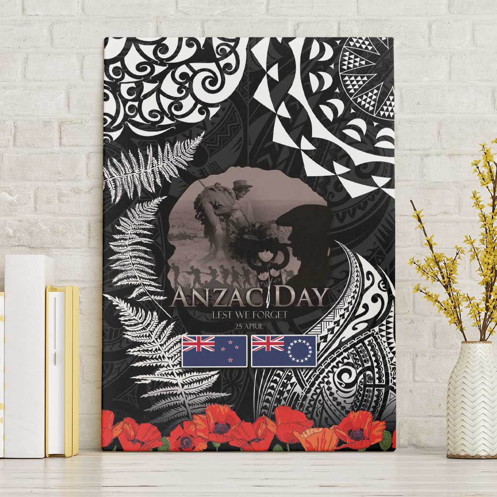 New Zealand and Cook Islands ANZAC Day Canvas Wall Art Gallipoli Lest We Forget Tatau Art Tribal and Maori Tattoo with Fern LT03 Without Frame Black - Polynesian Pride