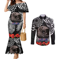 New Zealand and Cook Islands ANZAC Day Couples Matching Mermaid Dress and Long Sleeve Button Shirt Gallipoli Lest We Forget Tatau Art Tribal and Maori Tattoo with Fern LT03 Black - Polynesian Pride