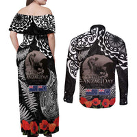 New Zealand and Cook Islands ANZAC Day Couples Matching Off Shoulder Maxi Dress and Long Sleeve Button Shirt Gallipoli Lest We Forget Tatau Art Tribal and Maori Tattoo with Fern LT03 - Polynesian Pride
