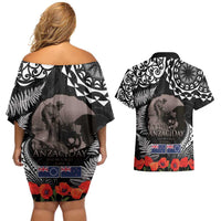 New Zealand and Cook Islands ANZAC Day Couples Matching Off Shoulder Short Dress and Hawaiian Shirt Gallipoli Lest We Forget Tatau Art Tribal and Maori Tattoo with Fern LT03 - Polynesian Pride