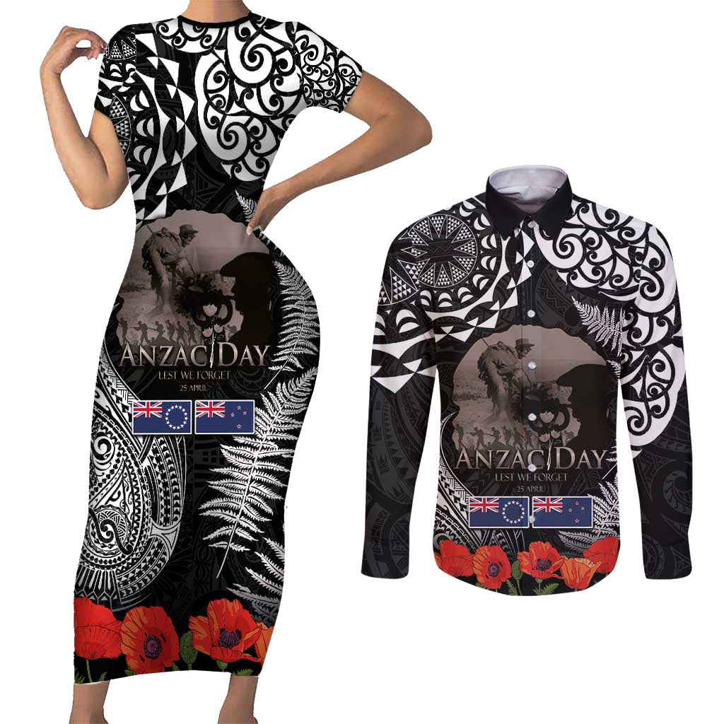 New Zealand and Cook Islands ANZAC Day Couples Matching Short Sleeve Bodycon Dress and Long Sleeve Button Shirt Gallipoli Lest We Forget Tatau Art Tribal and Maori Tattoo with Fern LT03 Black - Polynesian Pride
