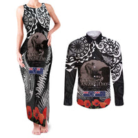 New Zealand and Cook Islands ANZAC Day Couples Matching Tank Maxi Dress and Long Sleeve Button Shirt Gallipoli Lest We Forget Tatau Art Tribal and Maori Tattoo with Fern LT03 Black - Polynesian Pride