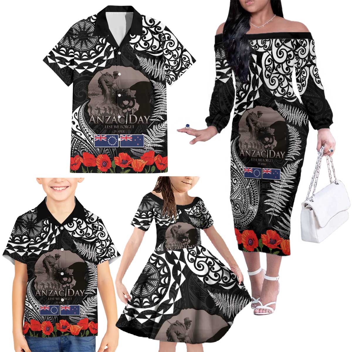 New Zealand and Cook Islands ANZAC Day Family Matching Off The Shoulder Long Sleeve Dress and Hawaiian Shirt Gallipoli Lest We Forget Tatau Art Tribal and Maori Tattoo with Fern LT03 - Polynesian Pride