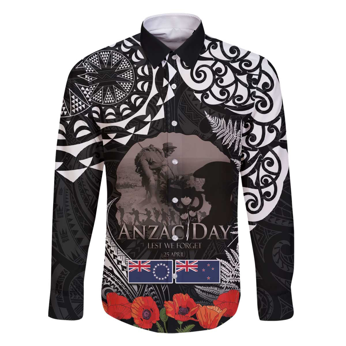 New Zealand and Cook Islands ANZAC Day Family Matching Off The Shoulder Long Sleeve Dress and Hawaiian Shirt Gallipoli Lest We Forget Tatau Art Tribal and Maori Tattoo with Fern LT03 Dad's Shirt - Long Sleeve Black - Polynesian Pride
