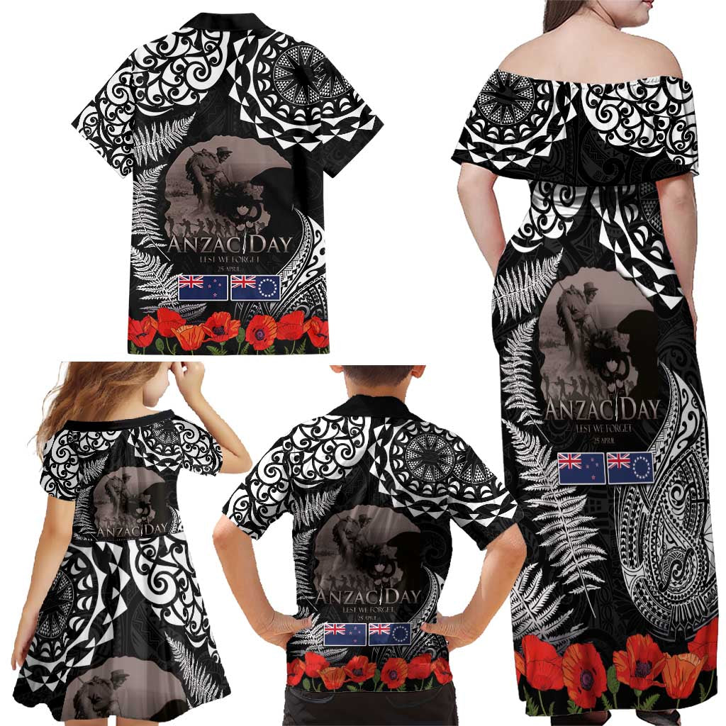 New Zealand and Cook Islands ANZAC Day Family Matching Off Shoulder Maxi Dress and Hawaiian Shirt Gallipoli Lest We Forget Tatau Art Tribal and Maori Tattoo with Fern LT03 - Polynesian Pride